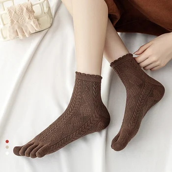 1 пара носков с декоративным рисунком на пять пальцев, 6 цветов, повседневные носки с носком, осень-зима, кружевные однотонные носки с низкой посадкой для женщин