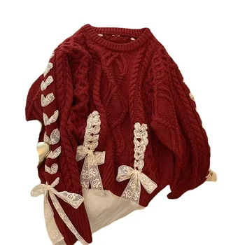 свитер с лентой 2023, Осень/Зима, Новый Рождественский вязаный топ с милым бантом, женский Корейский модный свитер