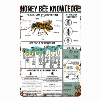 LingAeg Старинные Металлические Жестяные Вывески Honey Bee Knowledge Металлическая Вывеска Для Домашнего Декора Учебное Пособие Для Пчеловода Плакат Farm Room 8X12in