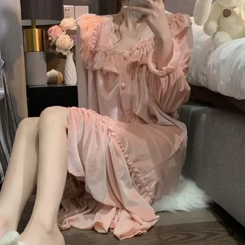 Элегантная ночная рубашка, Корейское домашнее бархатное платье с оборками и одним рукавом, длинная Женская пижама 2023, Осенняя ночная одежда