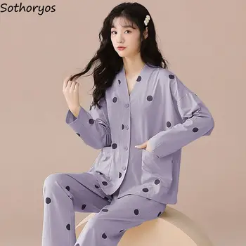 Пижамные комплекты в горошек, женские Свободные студенческие общежития в девичьем корейском стиле, простой минималистичный дизайн с V-образным вырезом, Ins, Горячая распродажа пижам