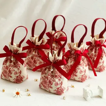 Сумка на шнурке в виде розы-тюльпана с цветочным атласным бантом; Ins; холщовая сумка на запястье с жемчужной подвеской; Праздничная сумка для сахара для женщин / девочек