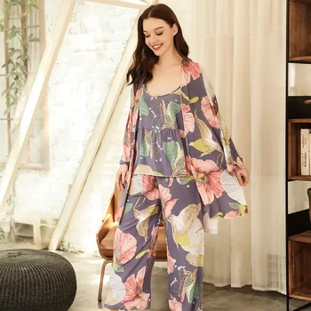 Хит продаж 2023, Женская Свободная тонкая пижама, комплект из 3 предметов, элегантный кардиган + слинг + брюки с цветочным принтом, 3 шт., сексуальная домашняя одежда
