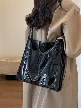 Глянцевая сумка большой емкости из лакированной искусственной кожи 2023, новая женская сумка, повседневная сумка через плечо, высококачественная сумка-тоут sense