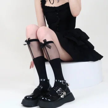 Черные гольфы, чулки с кружевным бантом для милых девочек в японском стиле, Нейлоновые длинные носки JK Lolita, прозрачные кавайные чулки в стиле пэчворк, 1 пара