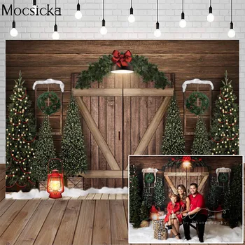 Рождественский фон для фотосъемки деревянной двери, Рождественская Елка, Винтажный фон для фотосъемки деревянной стены в деревенском стиле, Снежное поле, Зимняя Фотосессия