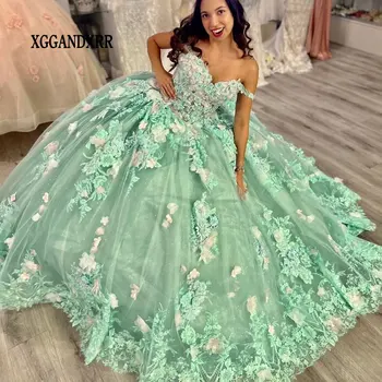 Мятно-Зеленое Пышное Платье 2024, Элегантное Бальное платье Принцессы с 3D Цветочным Кружевом, Милое 15 Vestidos De XV Años, Вечернее Платье