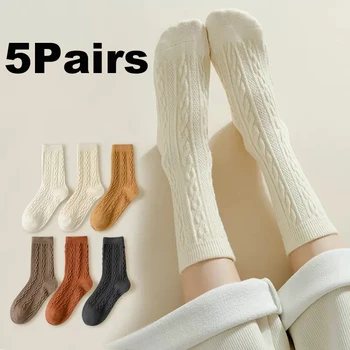 5 Пар Кашемировых шерстяных носков, Женские зимние утепленные Теплые Черно-белые носки, Японский стиль, Простые однотонные носки
