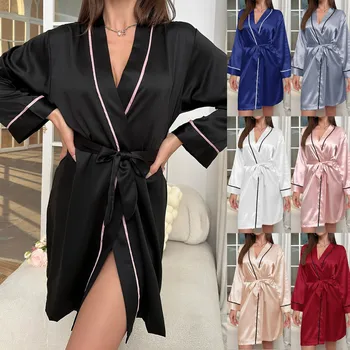 Халат-кимоно, женский шелковый халат для подружек невесты, сексуальные темно-синие халаты, атласный халат, Женские халаты, Сексуальная ночная рубашка, пижама