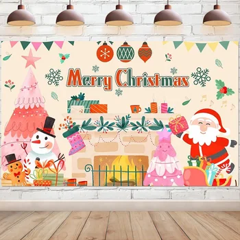 Милый Рождественский фон Камин Санта Клаус Снеговик Розовый Мультяшный фон для фотосъемки Украшения вечеринки Баннер
