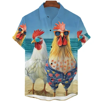 Забавный Цыпленок Мужская Рубашка Забавная Милая Мужская Гавайская Рубашка С Коротким Рукавом Повседневный Топ Для Пляжной Вечеринки Модная Рубашка С 3D Принтом Животных Для Мужчин