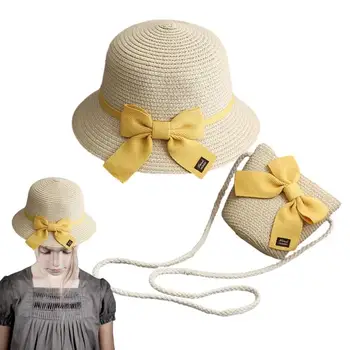 Детская пляжная соломенная шляпа Детская соломенная шляпа от солнца с бантом Набор соломенных сумочек для девочек Солнцезащитный козырек Защита от солнца Дышащий для девочки 3-10 лет