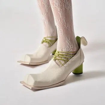 Зеленые туфли-лодочки на среднем каблуке с квадратным носком, модные женские туфли на высоком каблуке с перекрестным ремешком, Элегантные женские вечерние туфли-шлепанцы
