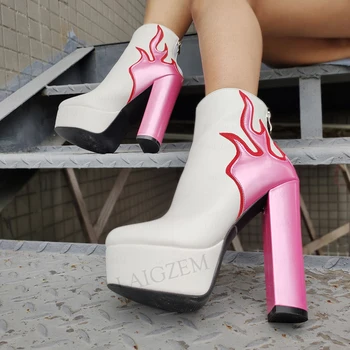 DOHBANER/ СУПЕР Женские ботильоны в стиле пэчворк с застежкой-молнией сзади на толстом блочном каблуке, женская обувь, унисекс, большие размеры 45 52
