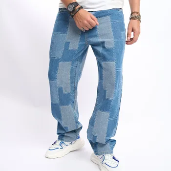 Осенние мужские джинсы с заплатками, растянутые, свободного покроя, джинсовые мешковатые брюки контрастного цвета в складку, мужские