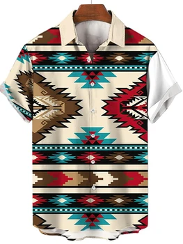 2023 Мужские рубашки, летняя футболка, топ 5xl с V-образным вырезом, винтажная одежда, Пуловер с этническим принтом, короткий рукав, Гавайская свободная рубашка большого размера