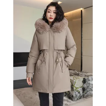 Парки 2023, Новая Зимняя Длинная Женская куртка с меховой подкладкой, Корейская утепленная теплая Хлопковая парка, женские бархатные пальто, зимняя одежда