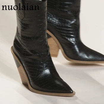 Женские ботильоны на каблуке 9,5 см, кожаные зимние ботинки на меху, женская зимняя обувь на танкетке на высоком каблуке, женская обувь, Chaussure