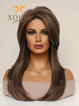 Сексуальный парик XOUJE коричневый блондинистый термостойкий синтетический парик для женщин с длинной кривой прямой челкой с боковым пробором подходит для повседневной жизни