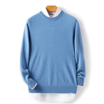 Осенне-зимняя новая мужская одежда из 100% чистой шерсти, морозостойкая, Однотонный пуловер с круглым вырезом, Повседневный свитер