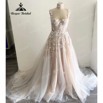 Великолепная Принцесса Румяна Розовое Кружевное 3D Цветочное Свадебное платье на бретельках с вырезом в виде сердечка Vestidos Civil Bridal Gonws Sexy