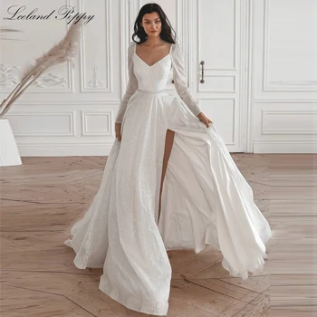 Свадебные платья Lceland Poppy трапециевидной формы с V-образным вырезом, блестящими рукавами, высоким разрезом, расшитым бисером поясом, свадебные платья со шлейфом-лодочкой