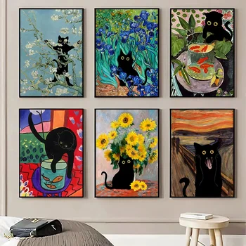 Художественный плакат с забавным котом, принт подсолнухов Черного кота Ван Гога, современная живопись на холсте, картина Моны Лизы, декор для гостиной