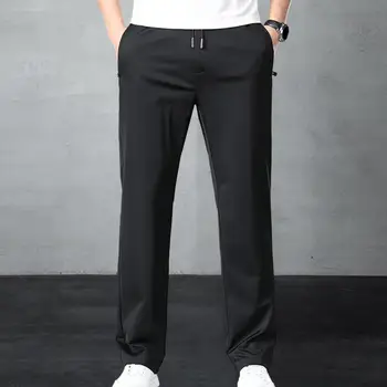 Мужские брюки, однотонные мужские брюки, эластичные мужские брюки с карманами, быстросохнущий дизайн на шнурке, Однотонный прямой для полных