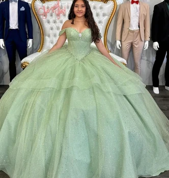 Шалфей Зеленая принцесса Пышные платья Бальное платье с открытыми плечами Блестки Сверкают Сладко 16 платьев 15 мексиканских