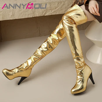 ANNYMOLI/ Женские сапоги выше колена на высоком толстом каблуке с круглым носком, Плиссированные сапоги на молнии с металлическим отливом, Женская модная зимняя обувь 44