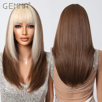 Синтетические длинные прямые многослойные парики светлых и коричневых тонов с челкой из натуральных волос для косплея Парик для женщин Термостойкий