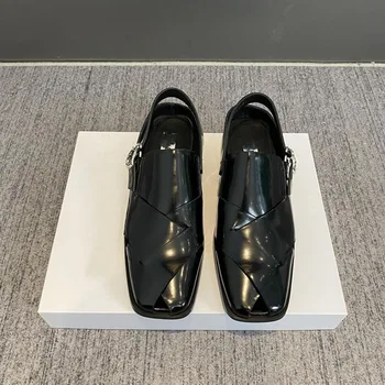 Женская обувь в стиле ретро Muller, кожаные тканые Сандалии, Квадратные Полые тапочки, сандалии на плоской подошве с пряжкой в одну линию, уличные шлепанцы на низком каблуке