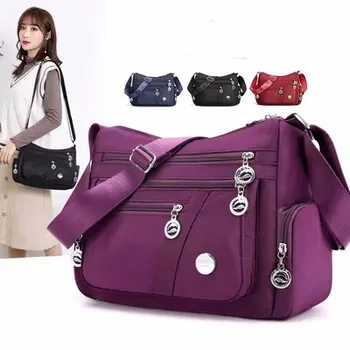 Новый повседневный тренд, однотонные женские сумки для покупок!Красивые винтажные женские сумки через плечо с несколькими молниями, универсальная популярная нейлоновая сумка-переноска