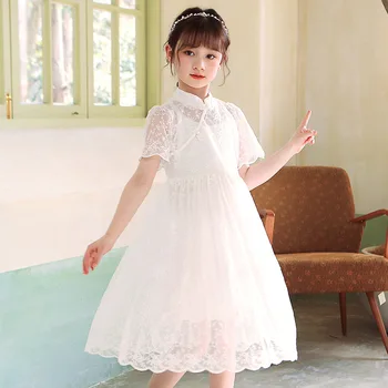 Кружевная юбка для девочек, лето 2022, улучшенная белая полая сетчатая пышная юбка в китайском стиле, женское милое элегантное платье с коротким рукавом