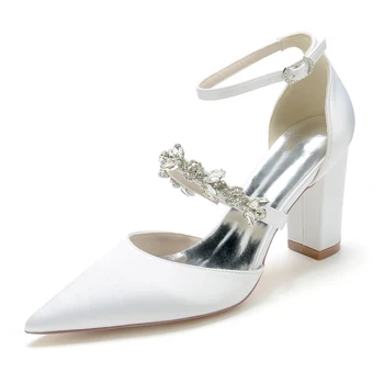 Кристаллы атласные свадебные туфли для невесты с острым носом блок каблук пряжка ремень высокие каблуки насос/помолвка/вечерние/выпускной