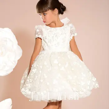 Jill Wish Элегантное Белое платье для девочки с цветами, бусами и бантом, Арабское платье принцессы для детей, Свадьба, День рождения, Причастие, Вечеринка 2024 J171