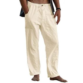 Мужские льняные брюки, свободные повседневные летние брюки с эластичной резинкой на талии и завязками, свободный карман на брюках