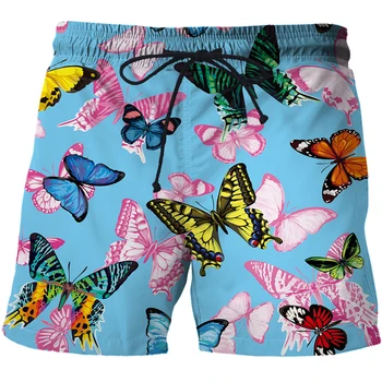 Мужские шорты с принтом мультяшной бабочки, уличная одежда унисекс, шорты с эластичным поясом, Летние пляжные повседневные шорты Harajuku с поясом.