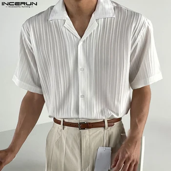 Мужская рубашка 2023, Однотонная, Плиссированная, С Лацканами, Коротким Рукавом, Мужская Одежда, Уличная Одежда, Летние Повседневные Рубашки В Корейском Стиле, S-5XL INCERUN
