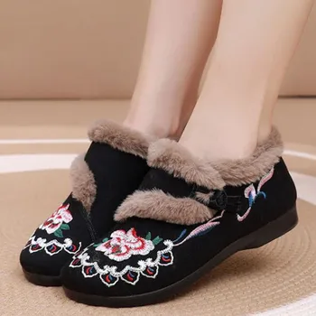 Женская хлопчатобумажная обувь с вышитыми цветами, зимняя теплая утепленная обувь в этническом стиле, нескользящие удобные туфли на плоской подошве, Botas De Invierno Mujer