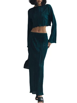 Женский комплект с юбкой-двойкой из рубчатого трикотажа, укороченный топ с длинным рукавом и облегающее платье миди с юбкой-миди с высокой талией