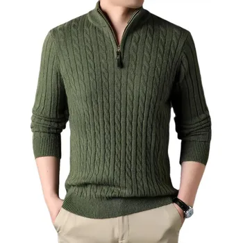 Зимний мужской свитер на молнии 2023 года, Приталенный Повседневный вязаный пуловер-водолазка с имитацией горловины, свитер-поло