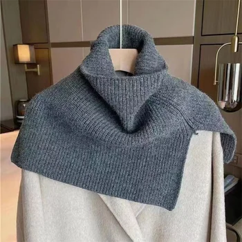 Женская одежда 2023 Осень-зима, Повседневная шаль, простой однотонный тепловой шарф, Вязаная накидка на плечо, свитер с высоким воротом, Женский