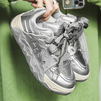 Серебристые мужские кроссовки в гонконгском стиле, новая модная повседневная обувь роскошного бренда на платформе, дышащая спортивная вулканизированная мужская обувь
