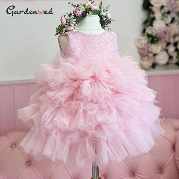 Пышное платье для маленьких девочек, розовые многослойные платья для девочек в цветочек, милое платье принцессы для девочек, платье для свадебной вечеринки, детские платья для детей