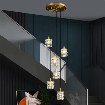 Современная Медная лестница Длинная Люстра Роскошная Хрустальная Светодиодная лампа Вилла Двухуровневая Лампа для гостиной Вращающаяся лампа для столовой