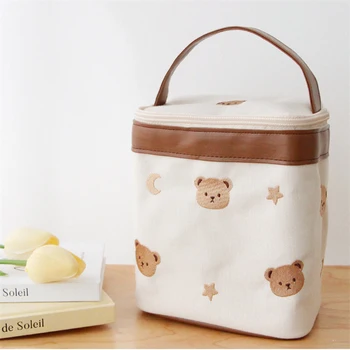 Изоляционный мешок для еды с вышивкой в корейском стиле с мультяшным медведем, сумки для мам, детские сумки для бенто, портативные сумки для ланча для пикника