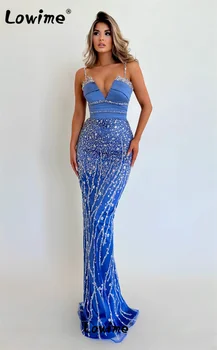 2023 Синее уникальное вечернее платье от кутюр ручной работы, ткань с пайетками, кристаллы, расшитые бисером, длинные платья для выпускного вечера, вечерние платья Русалки, халаты