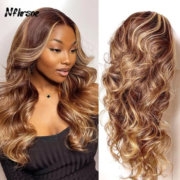 Золотисто-коричневый Объемный волнистый парик на кружеве 13x4, парик с подсветкой для волос, Парики из человеческих волос, парики для женщин, объемная волна, кружевная застежка, парики