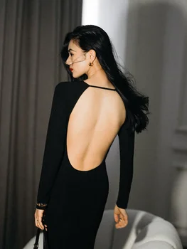 Платье премиум-класса с длинным рукавом в стиле XiaoqianTango DanceFrench Ink Black с открытой спиной
